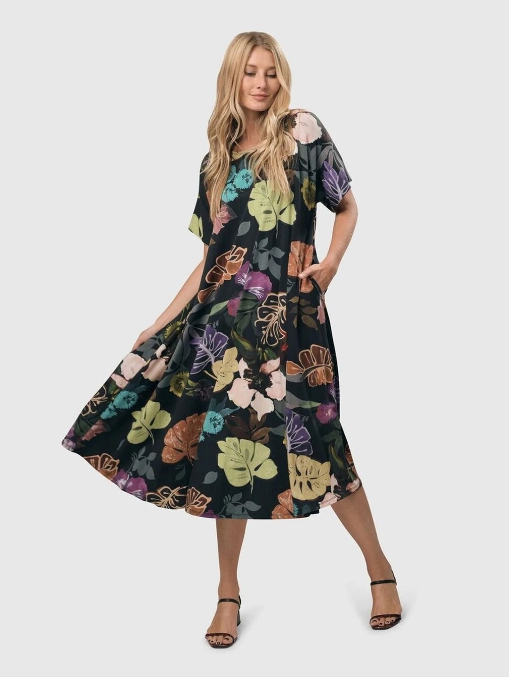 Alembika Bali Trapeze Dress Leaves Size 14-16 Maxi Midi A-line Jersey Fit Flare
